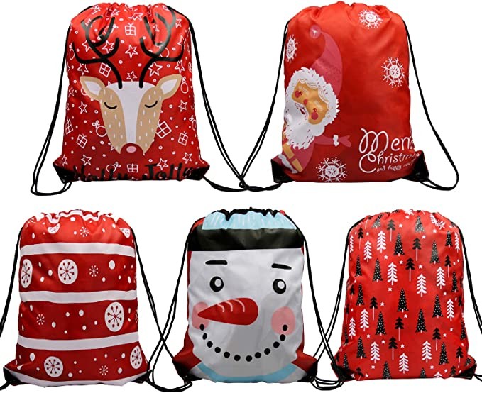 Christmas Gift Wrap Bags Drawstring Bags 5 Pack, 13.5x16.5 Inch Santa Sack Backpack for Party Favors Gifts and Candy, Reusable Personalized Best Gift for Xmas Package Storage