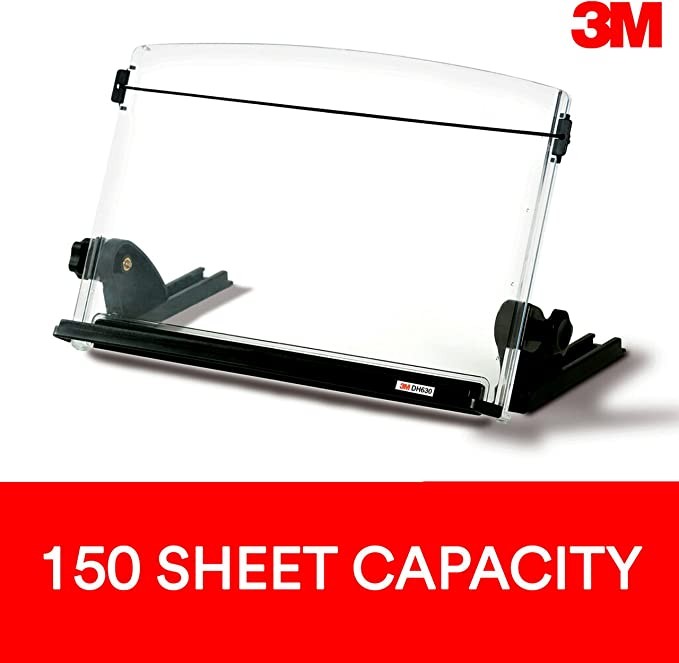 3M ADJUSTABLE DOCUMENT COPY CLIPS, EMBEDDED MONITOR* MINIMIZES HEAD AND NECK MOVEMENT, 150-SHEET PAPER CAPACITY FOR BOOKS, ELASTIC WIRE RAILS KEEP PAGES OPEN, 14 INCHES WIDE, BLACK (DH630)