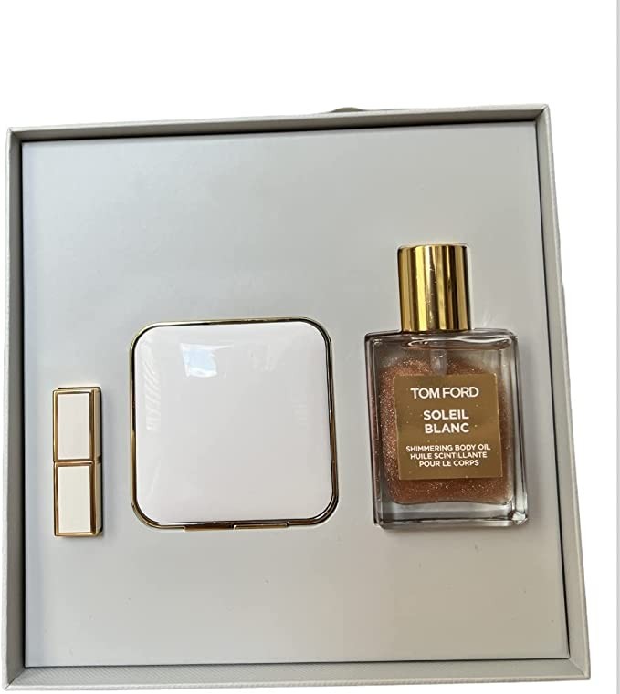 Tom Ford Soleil Look Set of 3 Soleil Glitter Body Oil Rose Gold High Gloss Duo Reflection Gold Plated Heaven Lip Color Clear